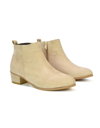 Melodie Zip Up Cowboy Ankle Boots With Low Block Heel in Beige