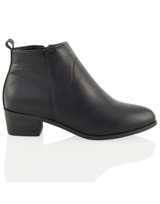 Melodie Zip Up Cowboy Ankle Boots With Low Block Heel in Black PU