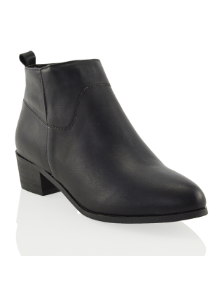 Melodie Zip Up Cowboy Ankle Boots With Low Block Heel in Black PU