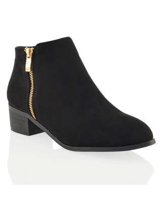 ALBERTO POINTED TOE ZIP-UP ANKLE LOW BLOCK HEELED BOOTS BLACK FAUX SUEDE