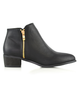 ALBERTO POINTED TOE ZIP-UP ANKLE LOW BLOCK HEELED BOOTS BLACK SYNTHETIC LEATHER