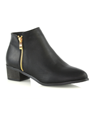 ALBERTO POINTED TOE ZIP-UP ANKLE LOW BLOCK HEELED BOOTS BLACK SYNTHETIC LEATHER