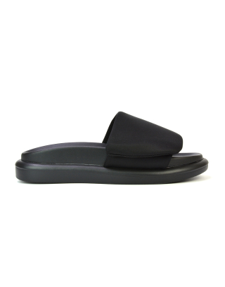 Geri Slip On Adjustable Strap Flatform Slider Flat Sandals in Black