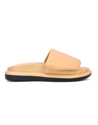 Geri Slip On Adjustable Strap Flatform Slider Flat Sandals in Nude