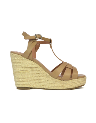 Elora Strappy Platform Wedge Sandals High Heels in Nude Synthetic Leather 