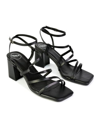 black strappy heels, black high heels, black block heels
