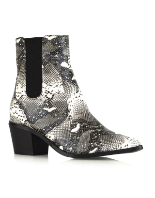 Nola Mid-Block Heel Pointed Toe Cowboy Ankle Boots in Multi Snake