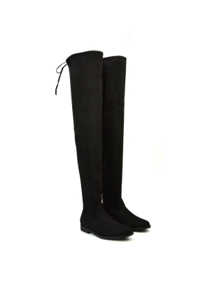 Trinnie Flat Thigh High Knee High Boots With Inside Zip in Black