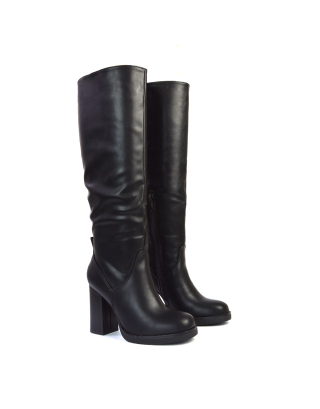 Dustin Block High Heel Platform Knee High Boots in Black Synthetic Leather 