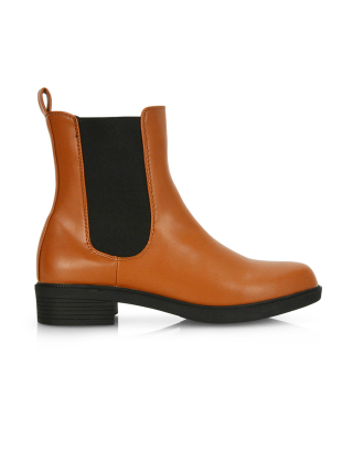 tanned low heel boots