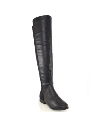 LEGS-ELEVEN FLAT ELASTICATED BACK PANELS OVER THE KNEE BOOTS IN BLACK PU