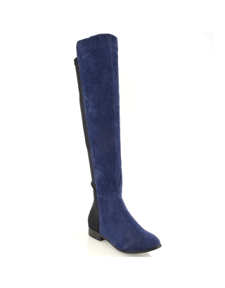 LEGS-ELEVEN FLAT ELASTICATED BACK PANELS OVER THE KNEE BOOTS IN NAVY FAUX SUEDE