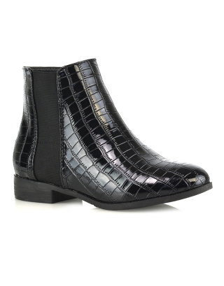 Caitlyn Zip-up Pointed Toe Low Block Heel Chelsea Ankle Boots in Black Croc