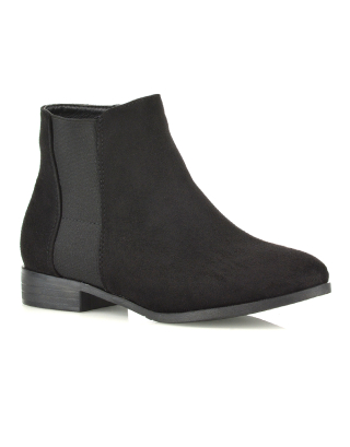 Caitlyn Zip-up Pointed Toe Low Block Heel Chelsea Ankle Boots in Black Faux Suede