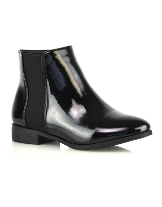 Caitlyn Zip-up Pointed Toe Low Block Heel Chelsea Ankle Boots in Black Patent