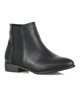 Caitlyn Zip-up Pointed Toe Low Block Heel Chelsea Ankle Boots in Black PU