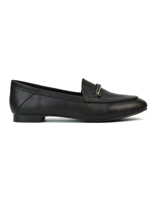 Tessah Chain Detail Flat Heel Slip On School Shoes Loafers is Black Synthetic Leather 