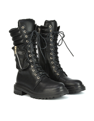 Jada Flat Zip-up Pocket Detail Biker Calf Chunky Lace Up Boots in Black Synthetic Leather