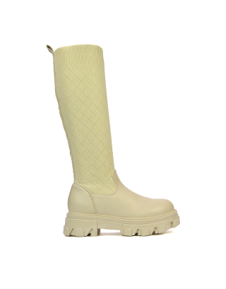 Oscar Chunky Sole Knitted Knee High Sock Biker Boots in Nude 