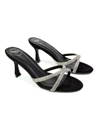 Paxton Diamante Strappy Mid High Heel Party Stiletto Mule Sandals In Black