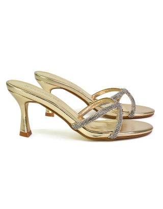 Paxton Diamante Strappy Mid High Heel Party Stiletto Mule Sandals In Gold
