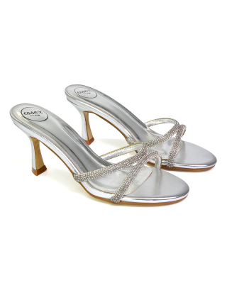 Paxton Diamante Strappy Mid High Heel Party Stiletto Mule Sandals In Silver