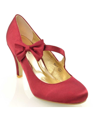 Cecilia Bow Detail Strappy Low mid Stiletto Heel Court Shoes in Burgundy Satin