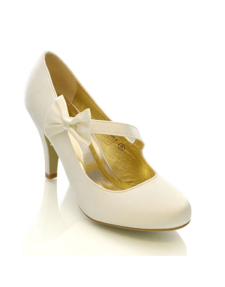 Cecilia Bow Detail Strappy Low mid Stiletto Heel Court Shoes in Ivory Satin
