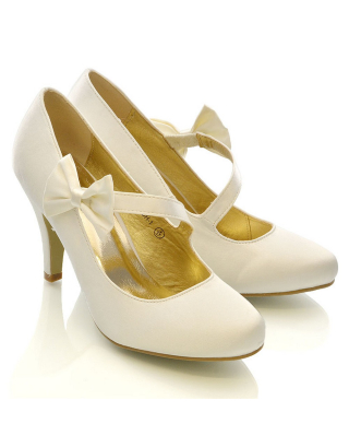 Cecilia Bow Detail Strappy Low mid Stiletto Heel Court Shoes in Ivory Satin