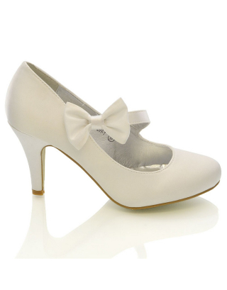 Cecilia Bow Detail Strappy Low mid Stiletto Heel Court Shoes in White Satin