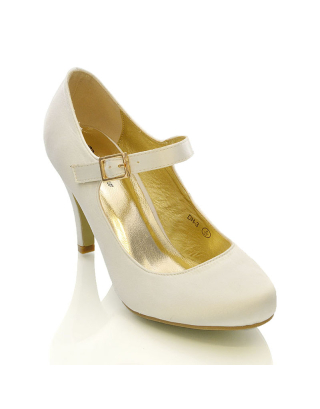 Nadia Strappy Buckle mid Stiletto High Heel Sandals Bridal Shoes for Wedding in Ivory Satin