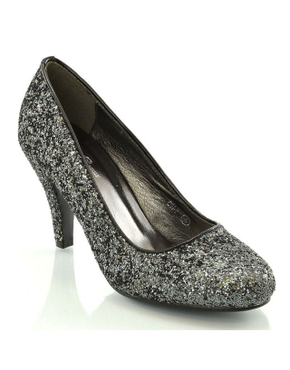 Dafney Pointed Closed Toe mid Stiletto High Heel Slip on Court Shoes in Black Glitter