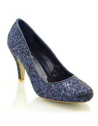 Dafney Pointed Closed Toe mid Stiletto High Heel Slip on Court Shoes in Navy Glitter