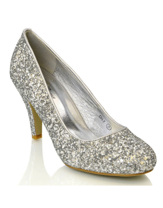 Dafney Pointed Closed Toe mid Stiletto High Heel Slip on Court Shoes in Silver Glitter