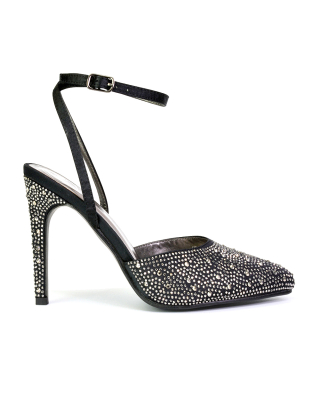 Indyah Diamante Court Shoes Stiletto High Heels Strappy Sandals in Black