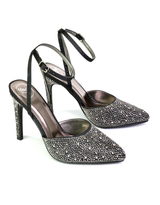 Indyah Diamante Court Shoes Stiletto High Heels Strappy Sandals in Black