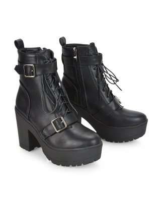 Womens Punk Chain Ankle Boots Combat Patent Leather High Block Heels Biker  Shoes | eBay