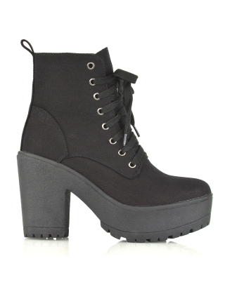 Merida Lace up Chunky Platform Block High Heel Ankle Boots in Black Canvas