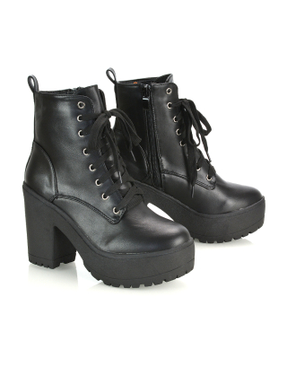 black leather combat boots with heels