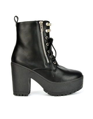 Women Combat Boots High Block Heel Patent Leather Chain Punk Ankle Boots  Chunky | eBay