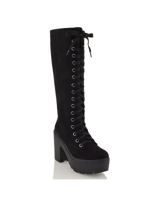 Mandi Chunky Knee High Lace up Block High Heeled Boots in Black Faux Suede