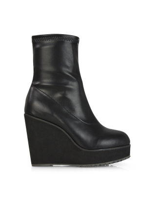 Athena Platform Wedge Heeled Sock Biker Ankle Boots in Black Synthetic Leather