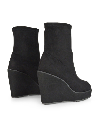 Athena Platform Wedge Heeled Sock Biker Ankle Boots in Black Synthetic Leather