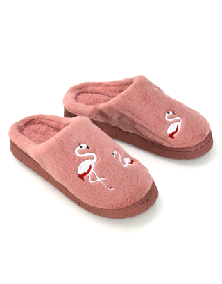 Morgan Faux Fur Fluffy Flat Cosy Flamingo Embellished Slipper Mules in Dusky Pink