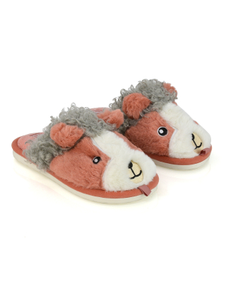 Dinah Faux Fur Fluffy Animal Design Cosy Close Toe Flat Mule Slippers in Orange