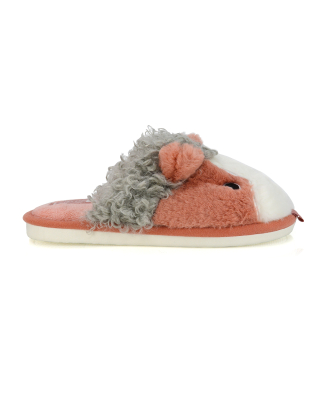 Dinah Faux Fur Fluffy Animal Design Cosy Close Toe Flat Mule Slippers in Orange