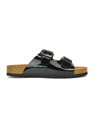 Star Double Buckle Strap Flat Slider Casual Footbed Summer Mule Sandals in Black Patent