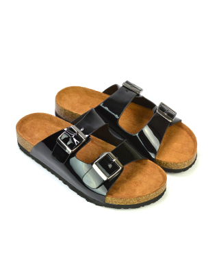 Star Double Buckle Strap Flat Slider Casual Footbed Summer Mule Sandals in Black Patent