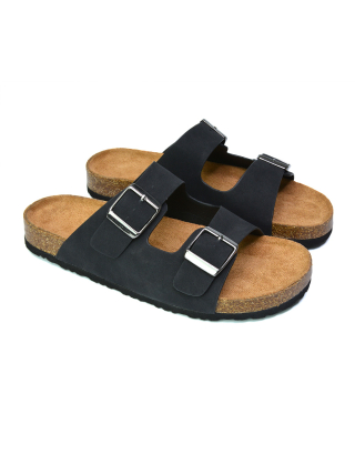 Star Double Buckle Strap Flat Slider Casual Footbed Summer Mule Sandals in Black