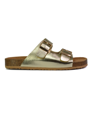 Star Double Buckle Strap Flat Slider Casual Footbed Summer Mule Sandals in Gold